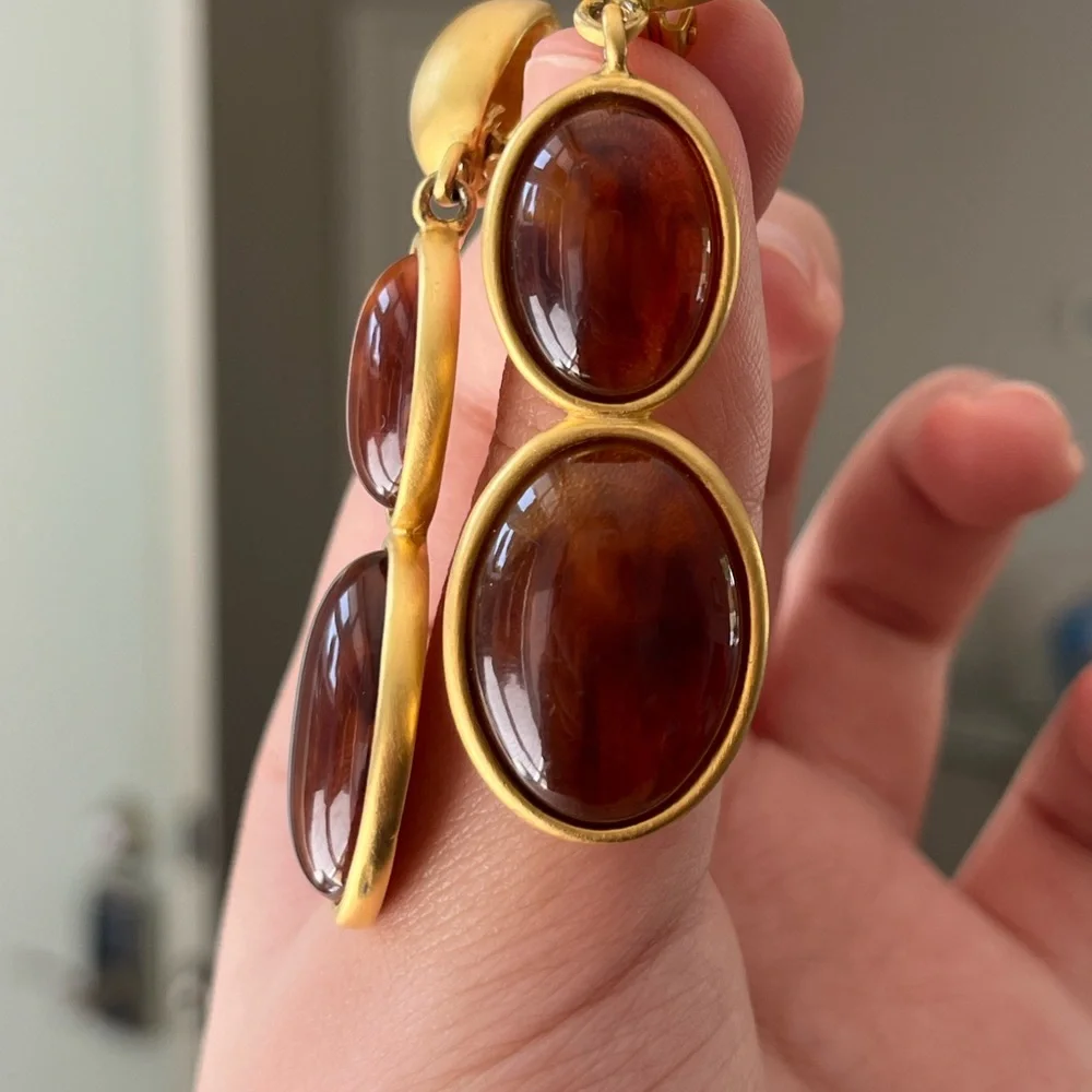 Vintage Givenchy Amber Resin Cabochon Drop Dangle Matte Gold Long Clip Earrings - Picture 5 of 12